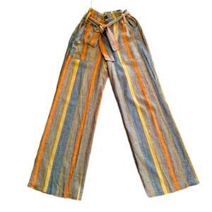 CURRENT AIR Anthropologie 30% Linen Paper Bag Wide Leg Striped Pant Multicolor S